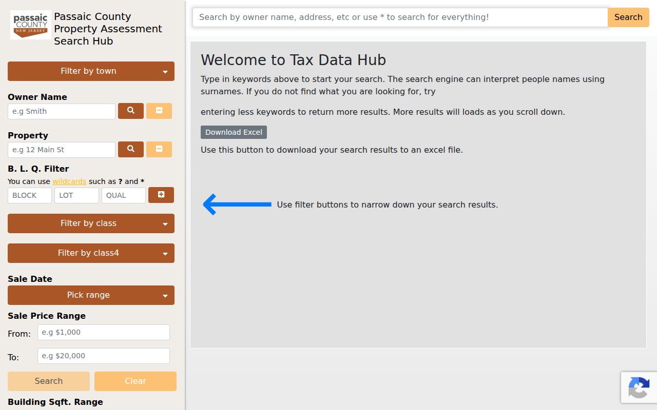 Passaic street directory assessment search interface